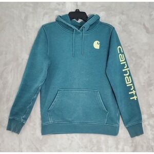 Carhartt Hoodie Womens S (4-6) Blue Green Relaxed Fit Fleece Pullover Sweatshirt
